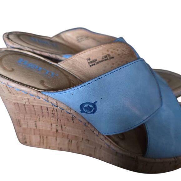 Born Women's Size 7 Blue Tan Cork Leather Wedge Heels - Picture 3 of 7